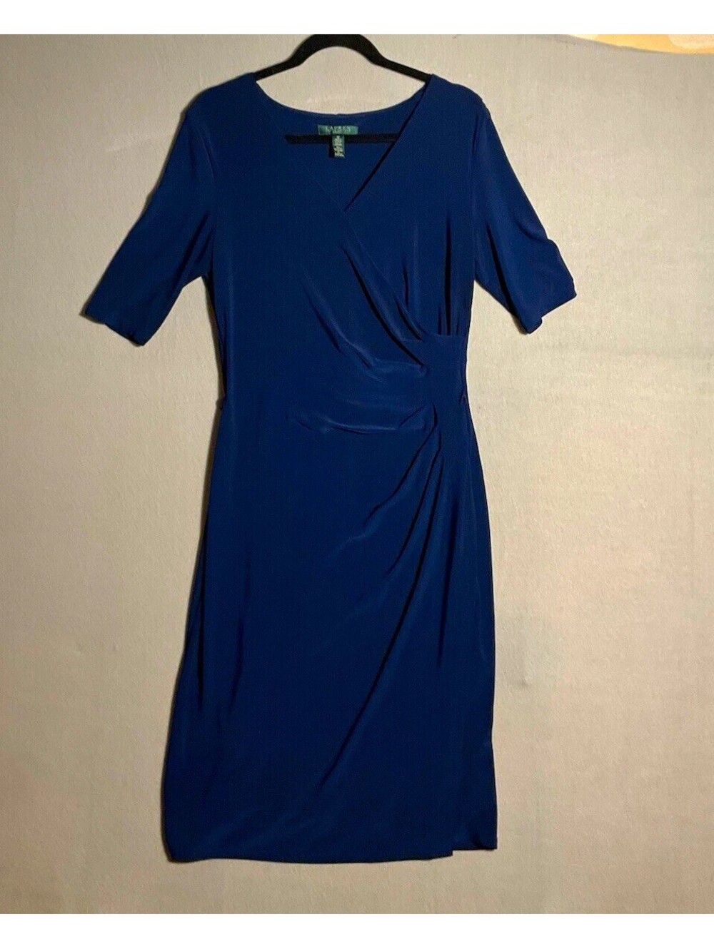 Lauren Ralph Lauren Blue Solid Ruched V-Neck 3/4 Sleeve Sheath 12